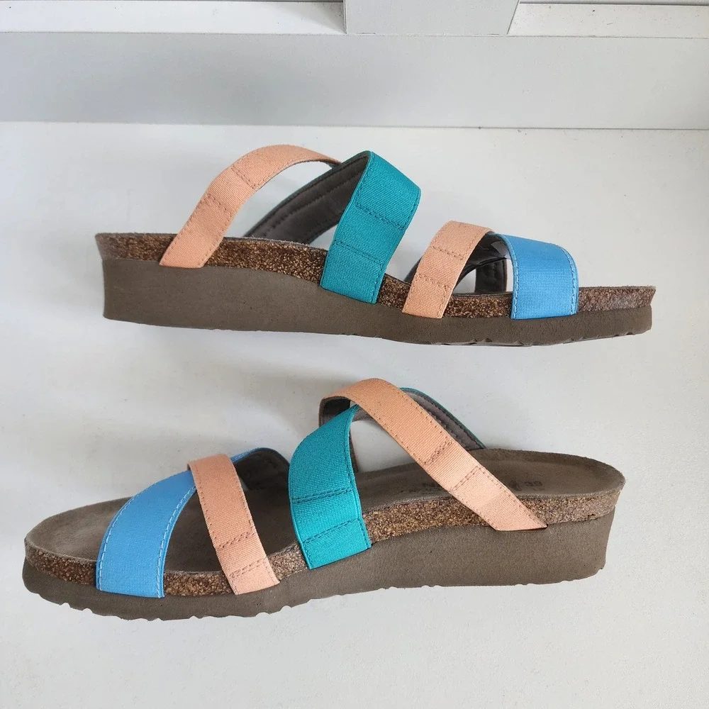 Naot Roxanna Strappy Cork Wedge Sandals Blue Teal Peach Size 39 / W 8-8.5